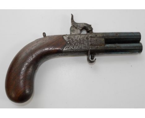 100 bore percussion over and under turn over pocket pistol, 2.75" blued barrels with star cut rifling, dolphin head hammer an