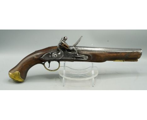 British 14 bore military pattern service flintlock pistol by Wallis, 9" barrel with proof marks, brass mounts and named lock,