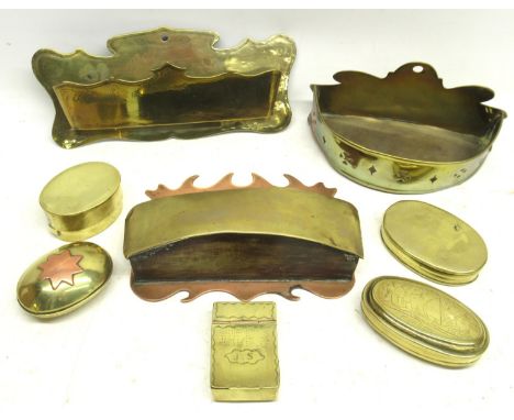 19th Century convex brass snuff box, stamped repeating wave decoration, initialled J.S., W8cm; 19th Century Dutch oval engrav