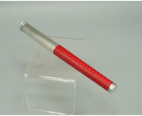 Aspinal of London - London Fountain Pen, red leather and silver, nib stamped 1918 M, screw on cap stamped 925, in clear case,