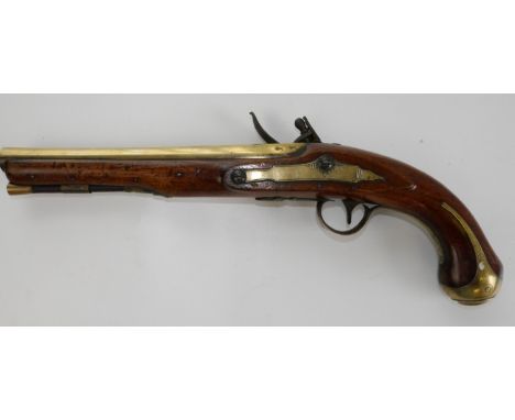 20 bore flintlock holster pistol by Bass of London, 9.5" brass barrel engraved 'London', proof marked, named lock and brass m