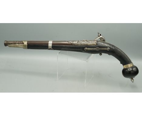 Balkan Miquelet 32 bore pistol, 11.5" cannon barrel with white metal inlay and twin fixing bands, leather bound stock and swo
