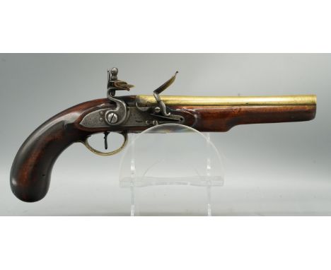 22 bore flintlock pistol, 8" brass barrel with proof marks and engraved 'London', Given in memory of Cap. R.R Burges who was 