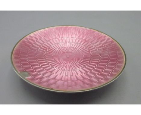 Early 20th century silver pink guilloche enamel dish on three paw feet by Asprey, London import 1916, D7cmShipping £28.00 plu