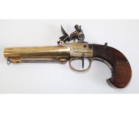 32 bore Belgium all brass flintlock pocket pistol by 'Godin Liege', 4" barrel engraved' Kapttein Van Hooft Antwerpen' named t