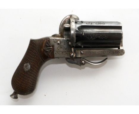 Belgian six shot 7mm pinfire pocket pepperbox pistol, 2" multi grooved rifled barrels, engraved scrollwork detail, folding tr