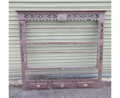 Scampston Hall - Victorian oak three-tier wall rack, with moulded cornice, pierced frieze and detail above three spice drawer