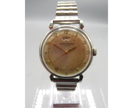 Jaeger LeCoultre Powermatic stainless steel bumper automatic wristwatch on aftermarket expanding bracelet, signed silvered Ar