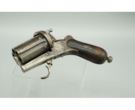 English made 7mm pinfire six shot pepperbox pocket pistol, 2" multi grooved rifled barrels, folding trigger, screw out butt r