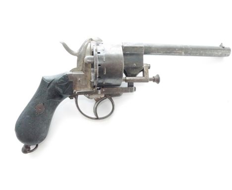 Belgian twelve shot pinfire revolver, 6.5" barrel with the breach stamped `P.Chaineux' Liege proof marks, lanyard ring, 30cm 