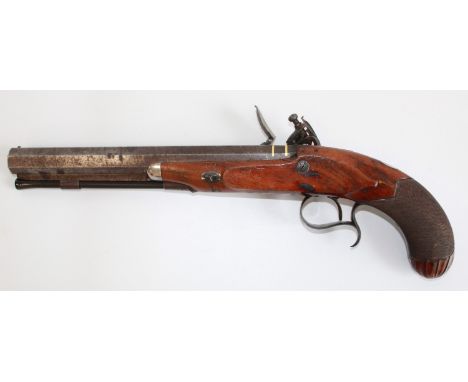 32 bore flintlock duelling pistol by 'Tallport' 10" heavy octagonal barrel with fixed sights and gilt bands, side-slide safet