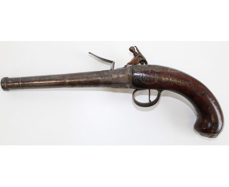 Queen Anne, 18 bore flintlock cannon barrel pistol by T.Richards, 7.5" staged barrel with proof marks, makers name and scroll
