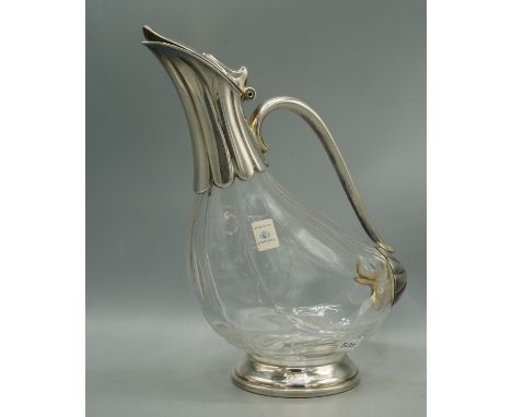 20th century hand made Zwiesel glass Claret jug, duck shaped body with scroll handle and beak shaped lidded spout, H25cmShipp