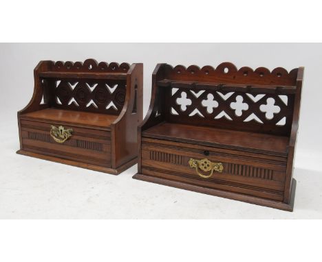 19th Century Gothic Revival five pipe oak rack, pierced back, single drawer with divided interior, W30cm and similar walnut f