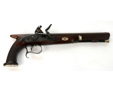 American 20 bore saw handled flintlock duelling pistol, 10" octagonal barrel engraved to the top flat ` Hyde & Goodrich', the