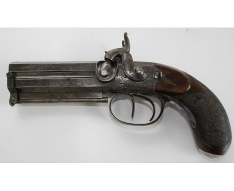 40 bore percussion over and under pocket pistol by C. Lancaster, London, converted from flintlock, 4" octagonal barrels with 