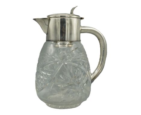 20th century Lemonade jug, globular hobnail glass body with D shaped handle handle and ice compartment with hinged lid, H28cm