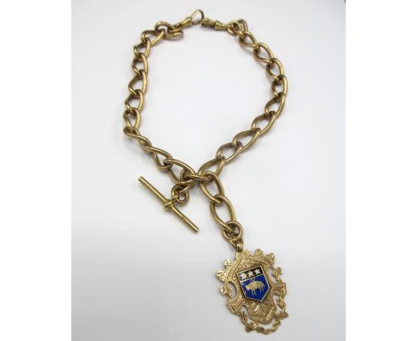 9ct rose gold double watch albert with attached shield fob for Leeds City FC, 86.05gShipping £23.00 plus vat (UK Only)