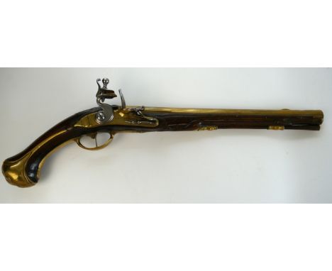 18th century Continental 28 bore cavalry holster flintlock pistol, 14" brass barrel with engraved details to the top rib, bra