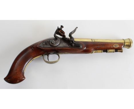 Late 18th century brass barrelled blunderbuss flintlock pistol by Bond, London, 8" first stage octagonal cannon barrel, top f