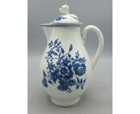 First Period Worcester pear shaped coffee pot, blue and white underglaze and transfer print, floral, fruit and butterfly spra