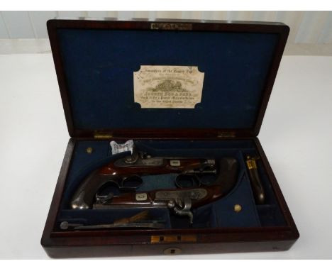 Fine cased pair of approx 100 bore percussion (converted from flintlock) pistols, 4" octagonal Damascus barrel with fixed sig