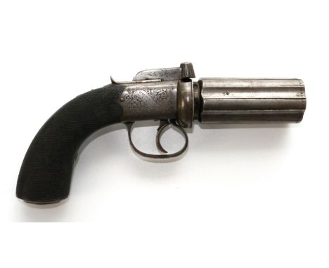 80 bore percussion pepperbox revolver by W.F. MILLS of HIGH HOLBORN, LONDON, 3.5inch fluted barrels, scallop engraved at the 