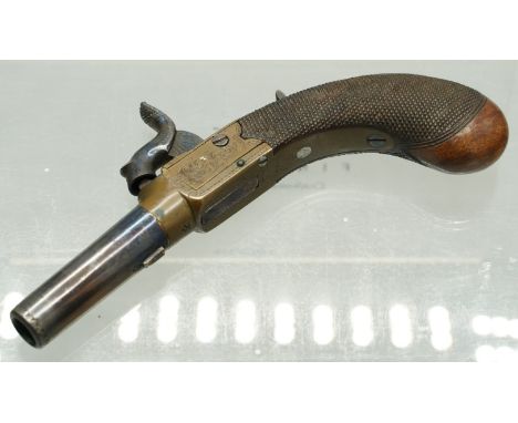 Small bore percussion (converted from flintlock) muff pistol by H.Egg, London, 1.5" turn-off barrel engraved makers details, 
