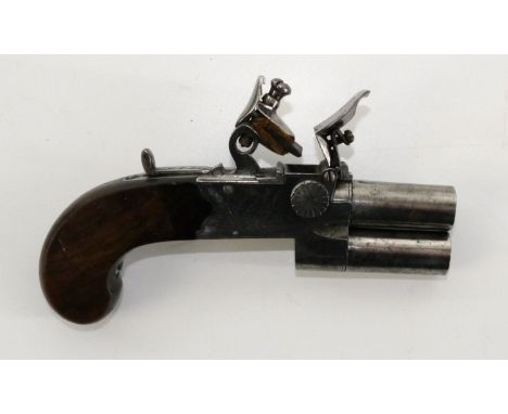 Late 18th century flintlock over and under tap-action pocket pistol by Spencer, London, 1.5" turn-off barrels with star cut m