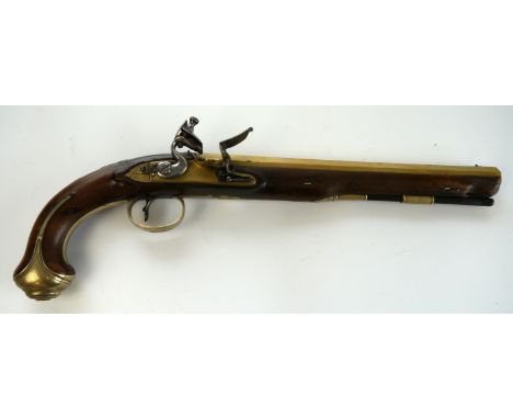 14 bore flintlock brass barrelled holster pistol by Knubley of London, 12" heavy octagonal barrel with fixed fore and aft sig