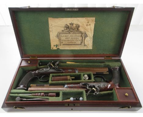 Fine pair of cased 28 bore flintlock duelling pistols by Prosser of Charing Cross, London, 10" browed octagonal barrels inset