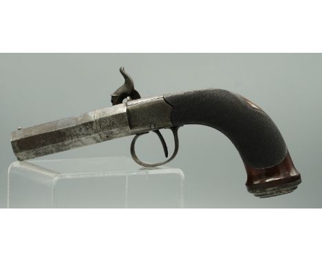 16 bore percussion pocket pistol by John.Wiggan, 2.5" turn-off octagonal barrel with makers details to the top flat, proof ma