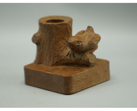 Bob Wrenman Hunter of Thirsk- a carved oak tree candlestick, on square base, carved with signature wren on branch, W7cm D7cm 