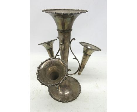 Edwardian silver four trumpet epergne, central trumpet vase framed by three scroll supports, each fitted with a smaller detac
