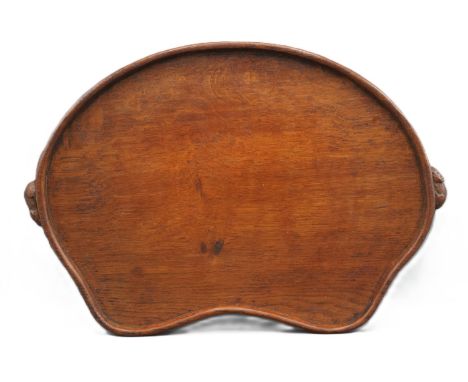 Robert Mouseman Thompson of Kilburn - adzed oak kidney shaped tray, raised edge with two signature mouse carved handles, W47c
