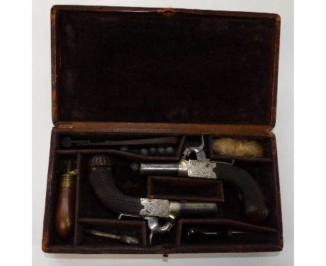 Cased pair of percussion small bore muff pistols by Dooley, Liverpool, 1.5" turn-off barrels, proof marks, makers details to 