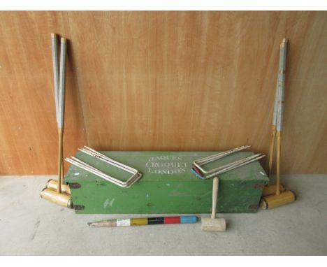 Newburgh Priory - vintage Jaques of London Croquet set, in green painted pine box with white makers stenciled lid, painted No