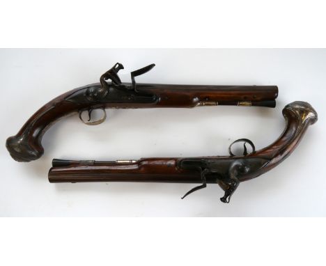Pair of 14 bore flintlock holster pistols by Barbar, 9.5" proof marked barrels, named locks, silver hallmarked mounts and car
