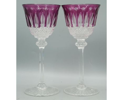 Pair of Baccarat cut crystal wine glasses, clear crystal glass overlaid in cranberry crystalShipping £38.00 plus vat (UK Only