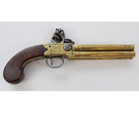 80 bore brass four barrelled flintlock tap-action pistol by Rea of London, 5" turn-off cannon barrels with rifled muzzles, Lo