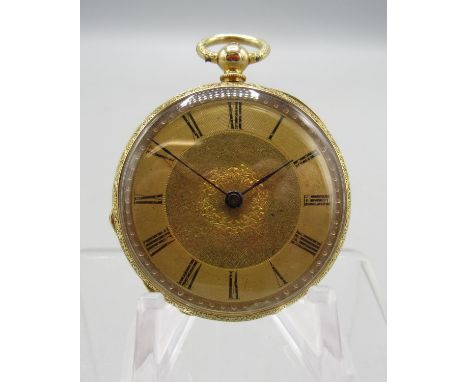 Swiss 18ct gold key wound fob watch, gold coloured dial with matted centre and Roman chapter ring, engraved case with floral 
