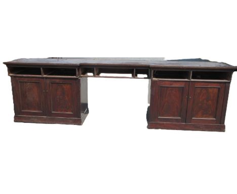 Constable Burton Hall - large Victorian mahogany sideboard, breakfront top on pair of two panel door pedestals, W330cm D62m H