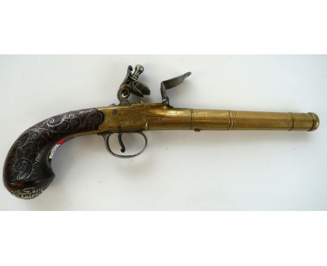 25 bore 18th century all brass cannon barrelled flintlock pistol by Bunney of London, 5 1/4" staged turn-off barrel, stamped 