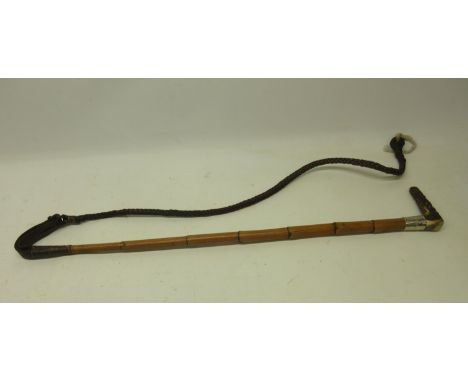 Victorian Full Riding Whip by Swaine & Co of London, bamboo shaft with silver collar, Antler Handle, and braided leather whip