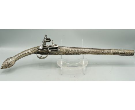 18 bore Balkan / Greek Miquelet all metal holster pistol, 12.5" barrel with stamped and gilt 'crowned PM' marks, scrollwork c