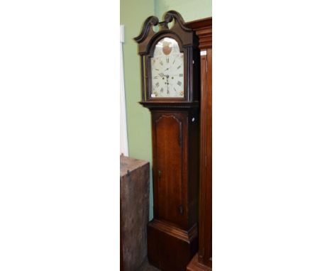 ~ An oak eight day longcase clock, late 18th century, arch painted dial signed Peter Sharp, Coldstream
