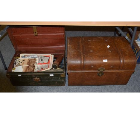 Two tin trunks containing assorted items including two spotting scopes; brass-cased two draw military telescope; other telesc