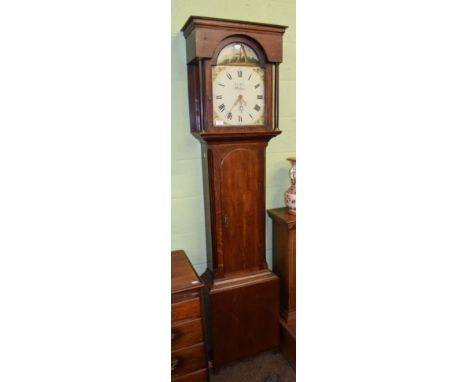 ~ An oak thirty hour longcase clock, early 19th century, arch painted dial signed John Bell, Hexham