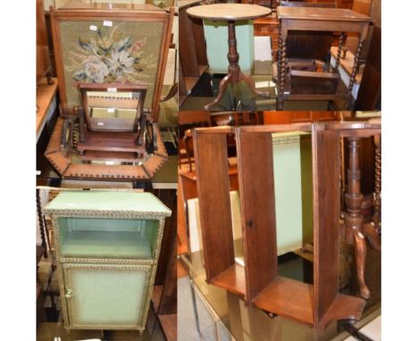 A group of furniture comprising a 19th century mahogany toilet mirror; an octagonal studded leather wall mirrror; a needlewor