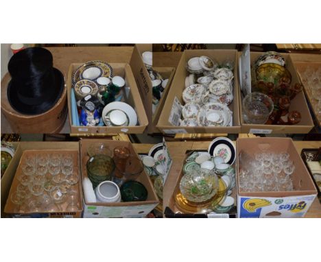 Seven boxes of household ceramics and glass including Oriental plates and cups, toby jug, drinking glasses, Pilkington Lancas